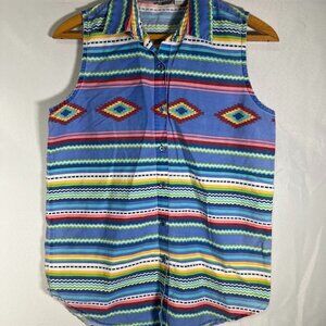 Mixed Blues Southwestern Aztec Tribal Print Button Front Tank Top Size Medium